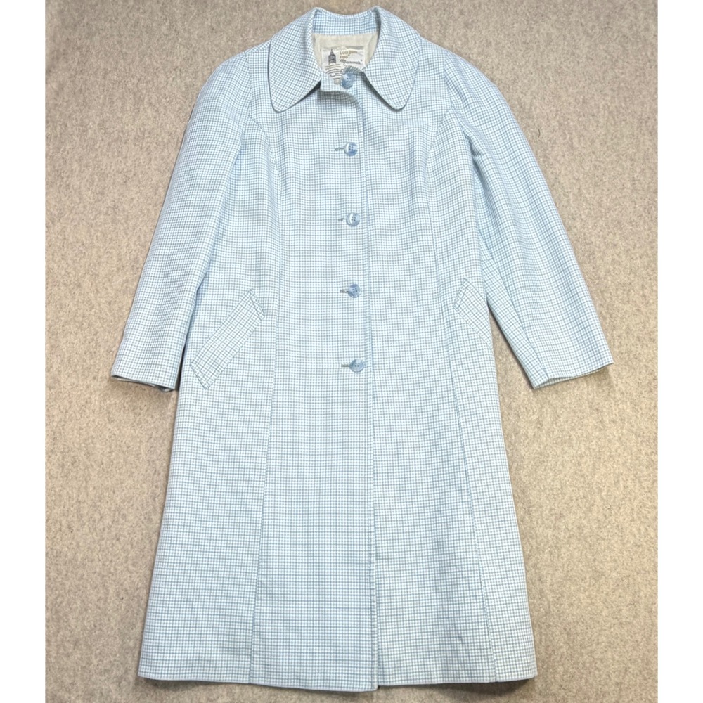 Vintage London Fog Trench Coat Womens 16 Reg Blue Gingham Retro Mod Academic 70s
